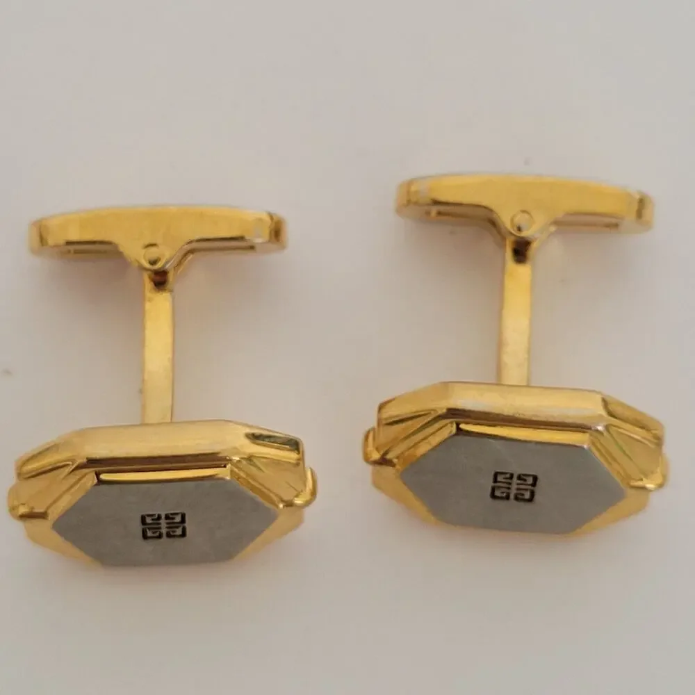 Givenchy Cufflinks Set Gold Silver Tone Logo Vintage Geometric Hexagon Retro